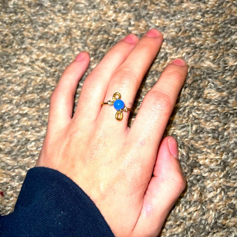 Handmade gold and blue wire ring , size 8